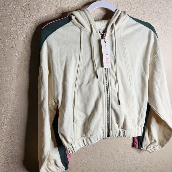 The Greii Cropped Hoodie Women's Small Ivory Cotton Long Sleeve Full Zip Pockets - Picture 4 of 8